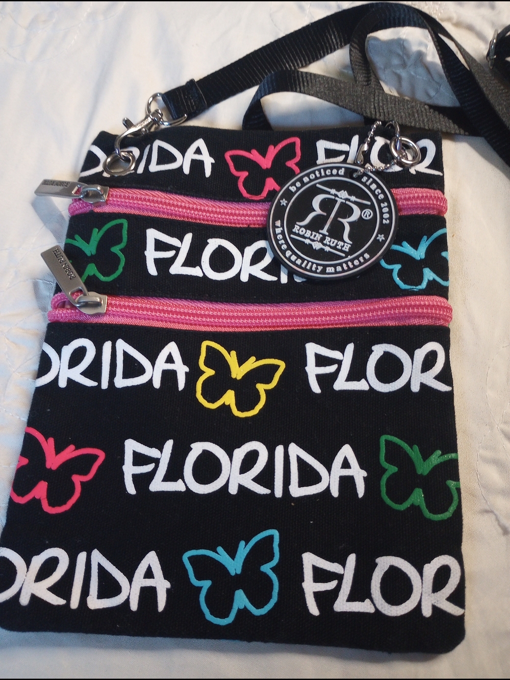 Robin Ruth Black 'Florida' Butterfly Crossbody Bag with Pink Zippers